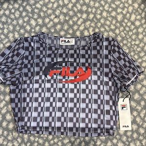 Checkered Mesh Fila Crop Top with white tank top